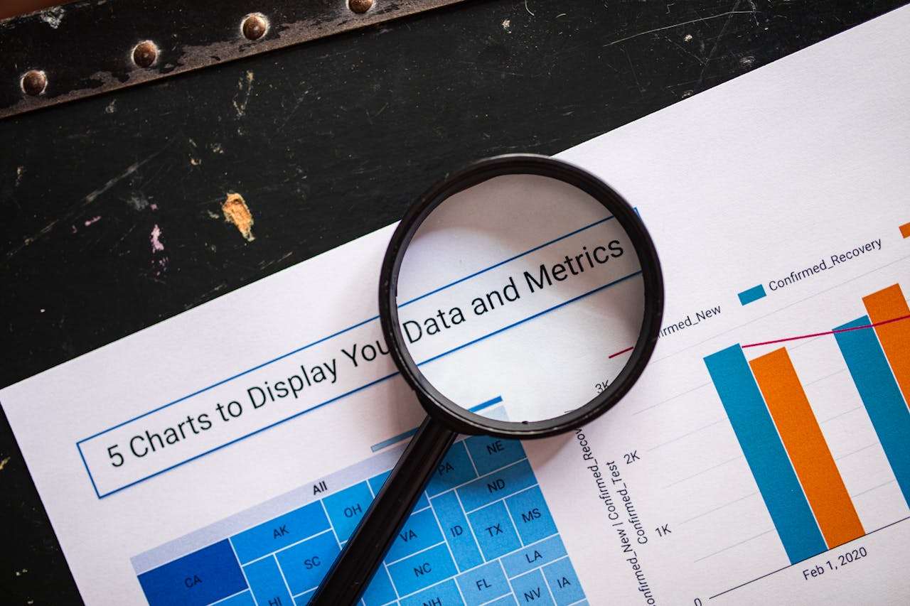 Mastering the First Impression: Your intriguing post title goes here Close-up of a magnifying glass over financial data charts and metrics on printed paper.